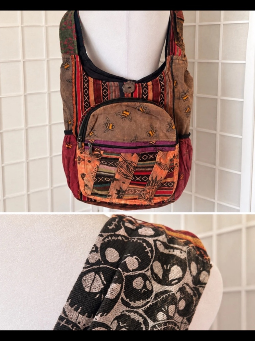 NWT Skeleton Face Boho Patchwork Hobo Shoulder Bag Goth Festival